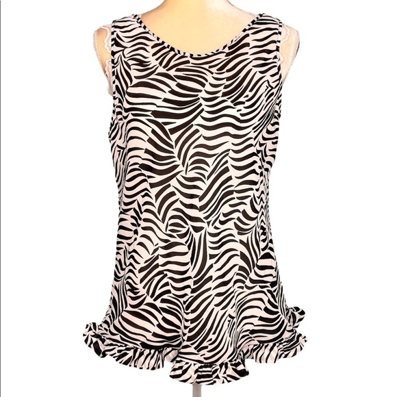 Escapades Black & White Animal Print Ruffle Hem Sleeveless Blouse Large Classy - Picture 1 of 5
